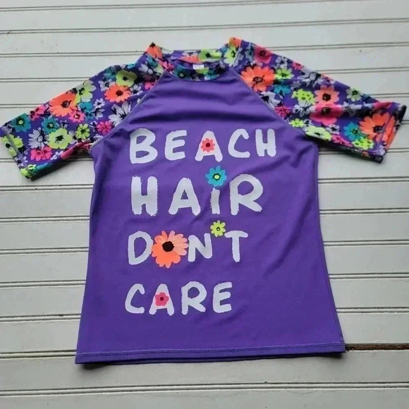Justice Beach Hair Dont Care Purple Girls Surf Rashguard Swim Shirt Floral Sz 14 - Picture 1 of 7